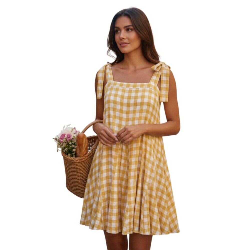 O.P.T Yellow Gingham Tie Strap Flowy Mini Dress Size S NWT